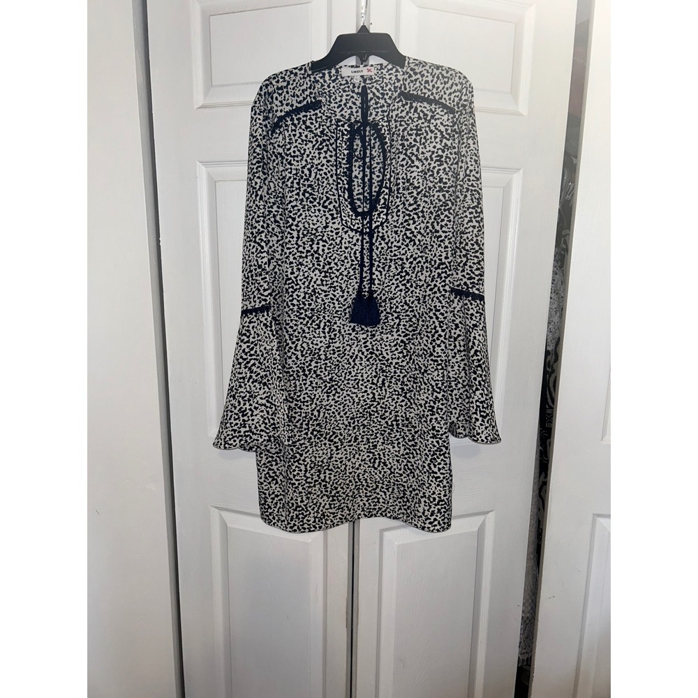 Likely Dress Womens L Blue, Green, White Animal Print Boho Tassel Bell Sleeve